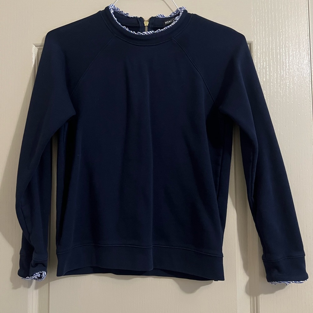 J. Crew Navy Top with Striped Ruffle